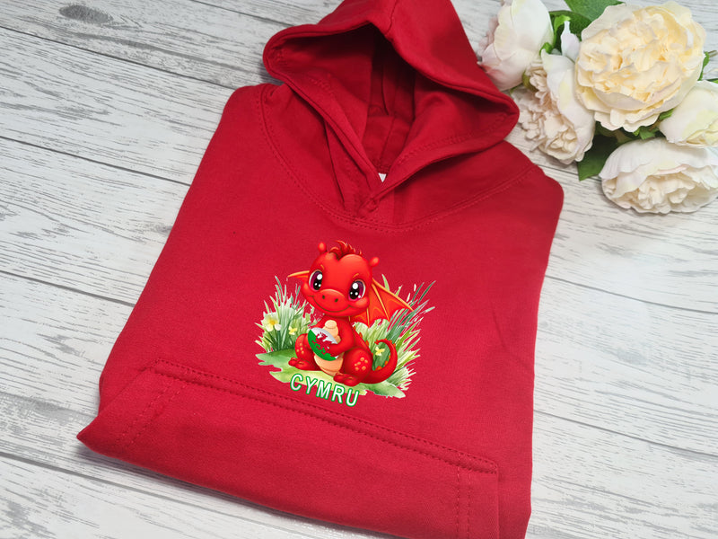 PERSONALISED Welsh  RED hoodie with cute dragon rugby detail