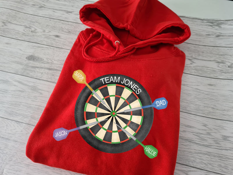 Personalised welsh UNISEX RED hoodie dart board Team SURNAME Dad kids names