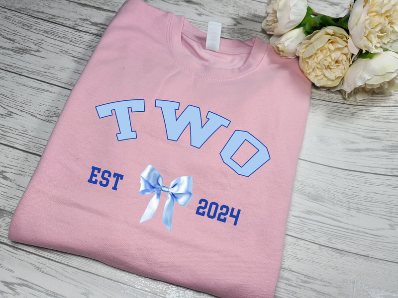 Personalised Kids / adults unisex BABY PINK welsh bow BIRTHDAY AGE year jumper