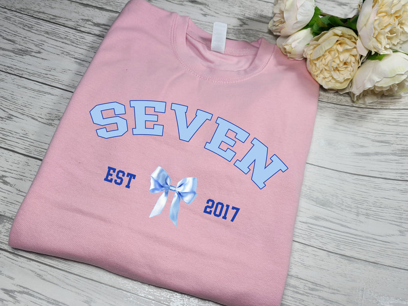 Personalised Kids / adults unisex BABY PINK welsh bow BIRTHDAY AGE year jumper