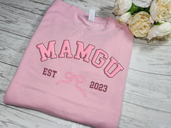 Personalised WELSH Unisex Baby pink jumper Name year and bow detail Mam Nan Mamgu