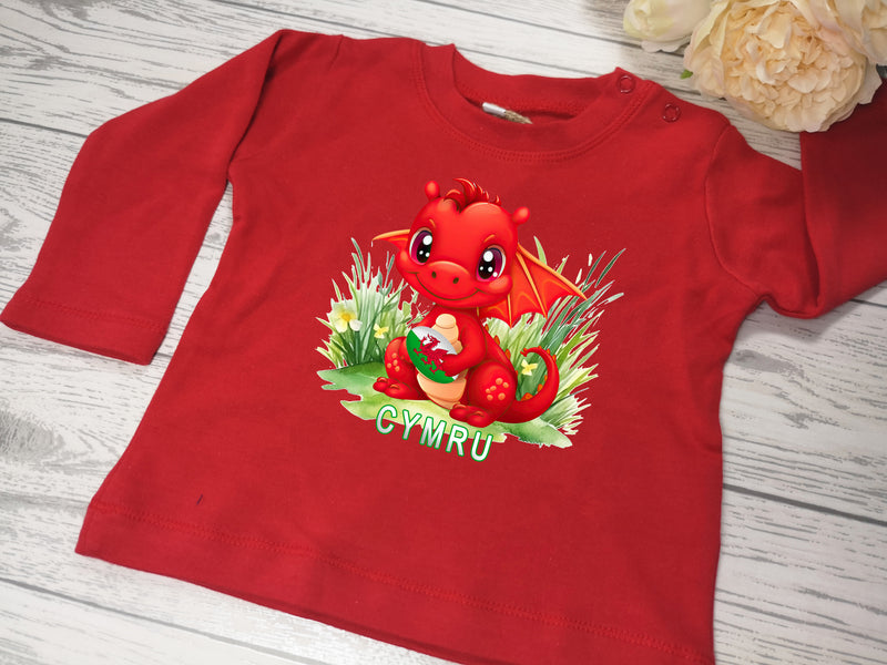 Personalised Welsh Baby long sleeve RED t-shirt cute dragon rugby detail