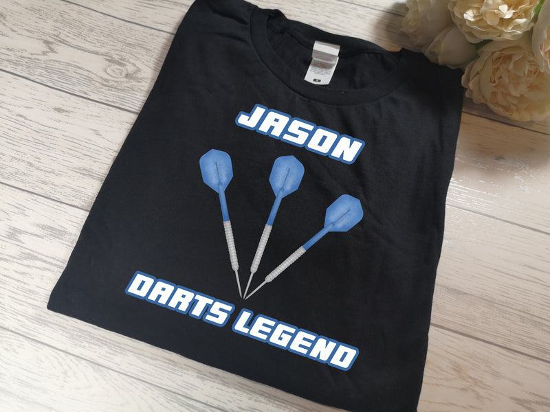 Personalised BLACK t-shirt NAME Darts legend darts colours Father's day