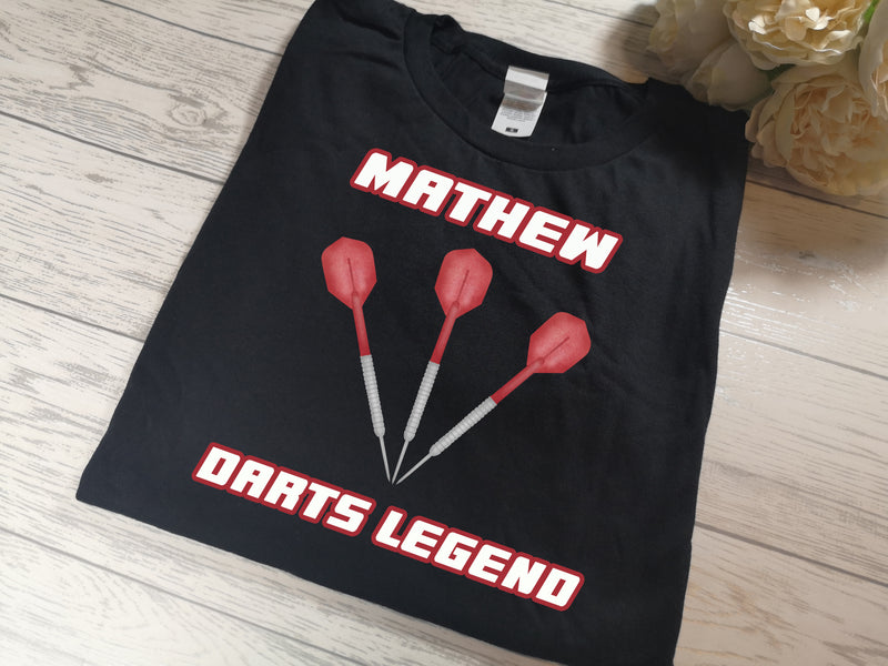 Personalised BLACK t-shirt NAME Darts legend darts colours Father's day