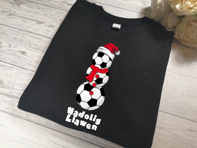 Custom Kids / adults unisex BLACK welsh christmas jumper snowman footballs with Nadolig Llawen detail