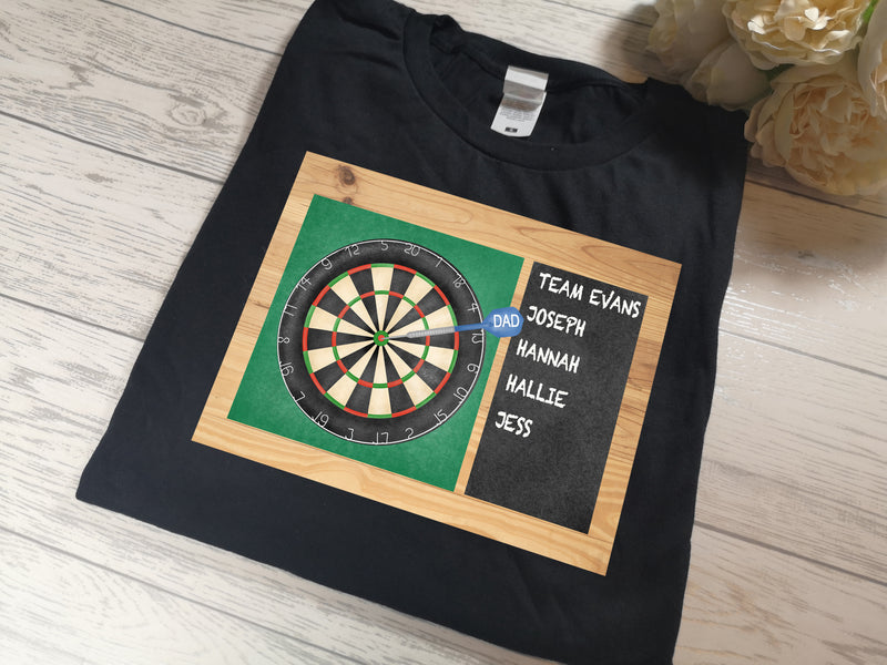 Personalised BLACK t-shirt Darts board team names Father's day