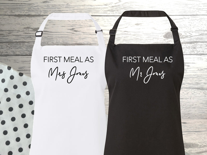 Personalised adult First meal as Wedding day apron in white, grey or black add any surname