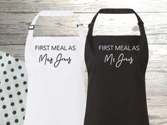 Personalised adult First meal as Wedding day apron in white, grey or black add any surname