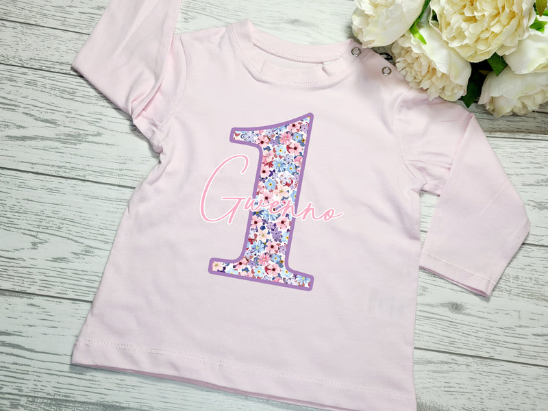 Personalised Baby long sleeve baby PINK t-shirt floral number birthday name