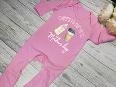 Personalised Baby blue or pink  Baby grow with baby bottle and coffee first mother's day