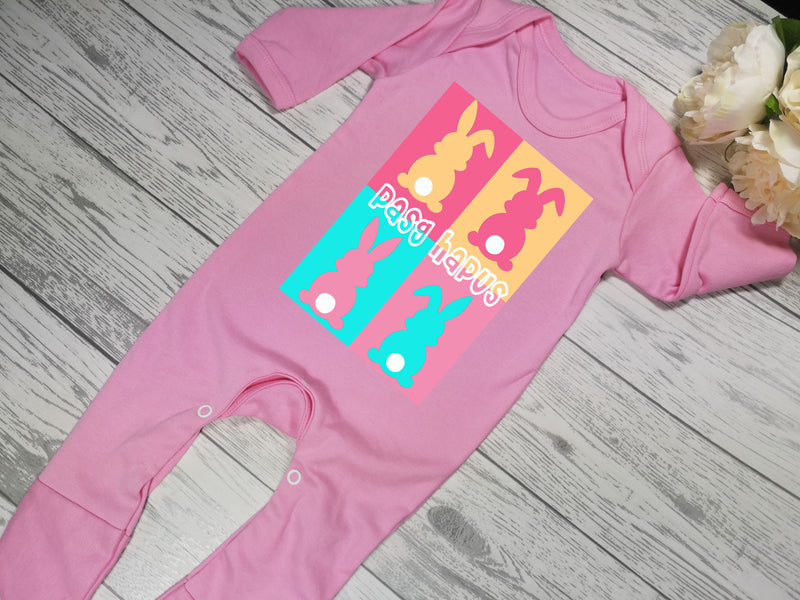 Personalised WELSH Baby pink or blue Baby grow with Pasg hapus easter bunny pop art