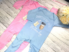 Personalised Baby blue or pink  Baby grow with baby bottle and coffee first mother's day