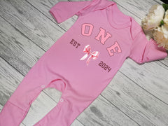 Personalised Baby pink Baby grow with age and bow first birthday