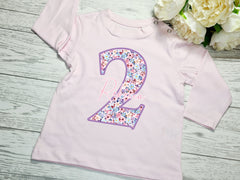 Personalised Baby long sleeve baby PINK t-shirt floral number birthday name