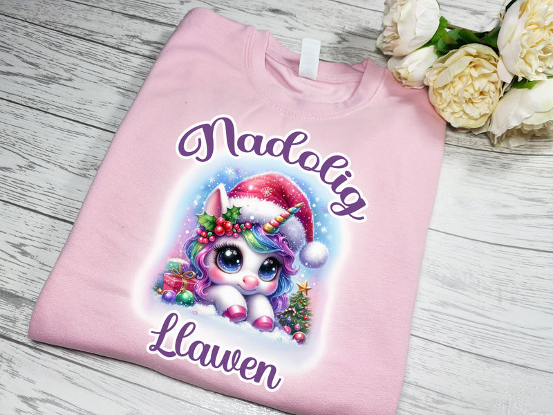 Custom welsh Unisex Christmas jumper unicorn Nadolig llawen choice of colours