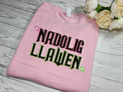 Custom Unisex Baby pink welsh Christmas jumper Nadolig llawen magical green/pink