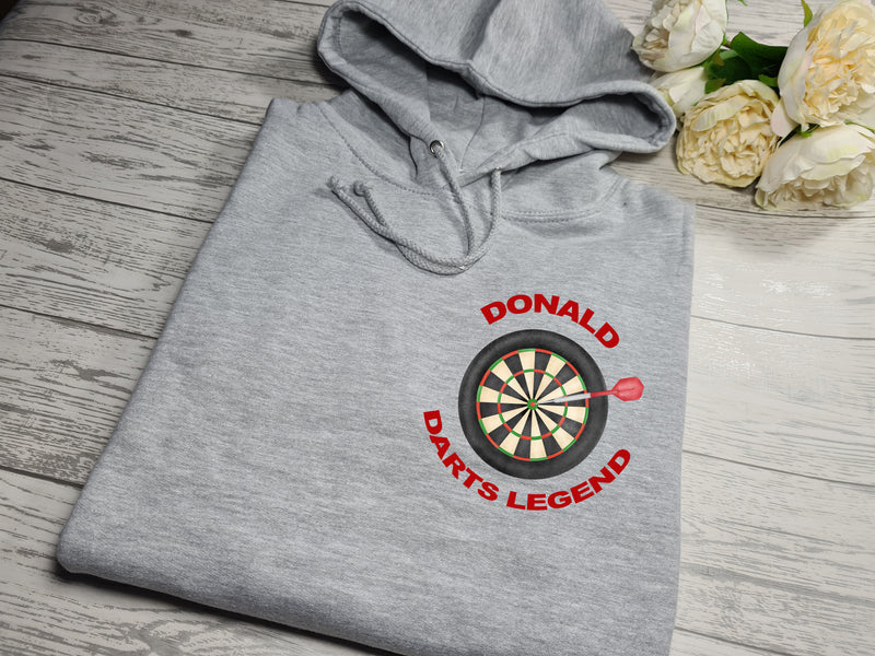 Personalised UNISEX heather GREY hoodie with Name Darts legend detail Dad gift