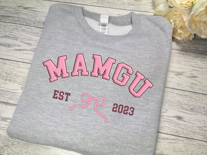 Personalised WELSH Unisex GREY jumper Name year and bow detail Mam Nan Mamgu