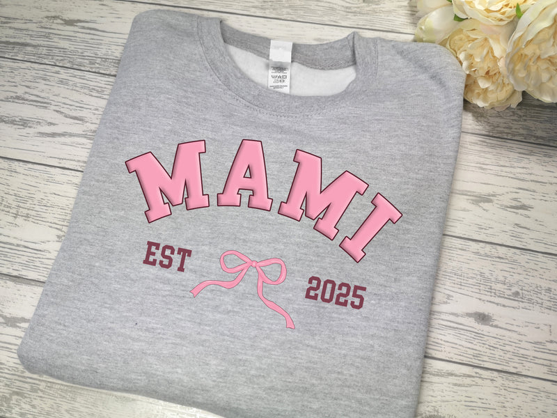 Personalised WELSH Unisex GREY jumper Name year and bow detail Mam Nan Mamgu