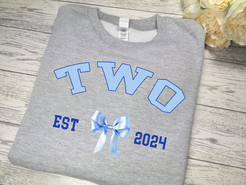 Personalised Kids / adults unisex Heather GREY welsh bow BIRTHDAY AGE year jumper