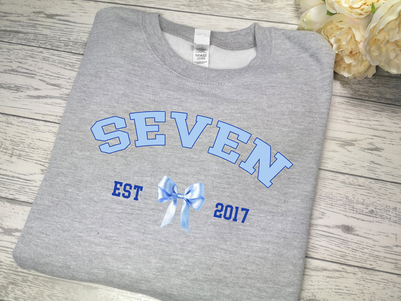 Personalised Kids / adults unisex Heather GREY welsh bow BIRTHDAY AGE year jumper