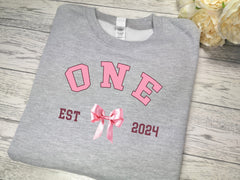 Personalised Kids / adults unisex Heather GREY welsh bow BIRTHDAY AGE year jumper