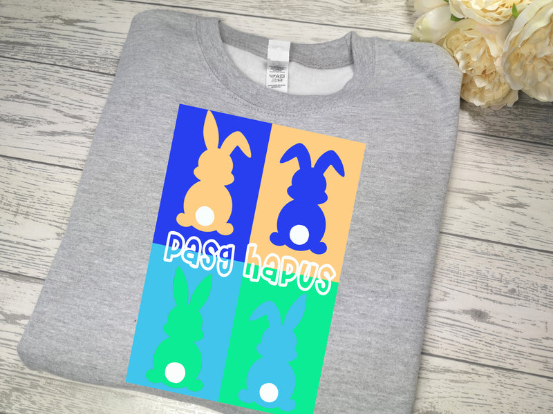 Personalised baby/KIDS heather GREY jumper Easter bunny pasg hapus pop art