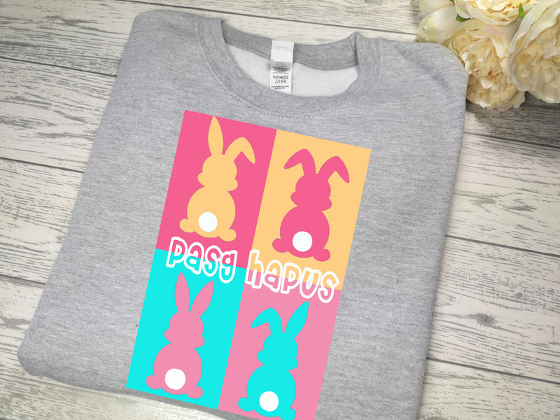 Personalised baby/KIDS heather GREY jumper Easter bunny pasg hapus pop art