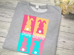 Personalised baby/KIDS heather GREY jumper Easter bunny pasg hapus pop art