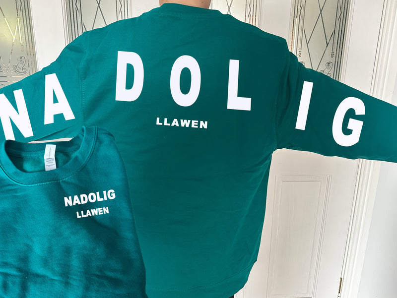 Custom Unisex WELSH JADE Christmas jumper Nadolig Llawen back detail in a choice of colours