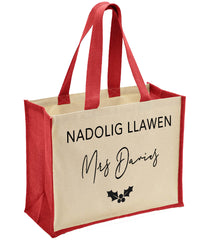 Personalised Jute bag with WELSH christmas Teacher's Name detail nadolig llawen