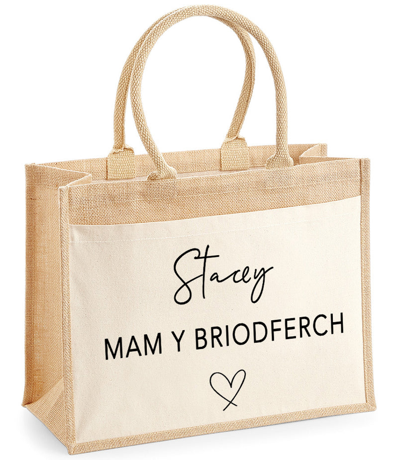 Personalised WELSH Jute bag with Wedding Name detail bride bridesmaid choose wording