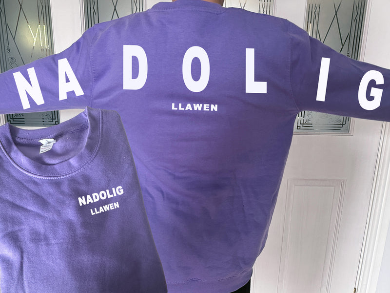 Custom Unisex KIDS WELSH LILAC Christmas jumper Nadolig Llawen back detail in a choice of colours