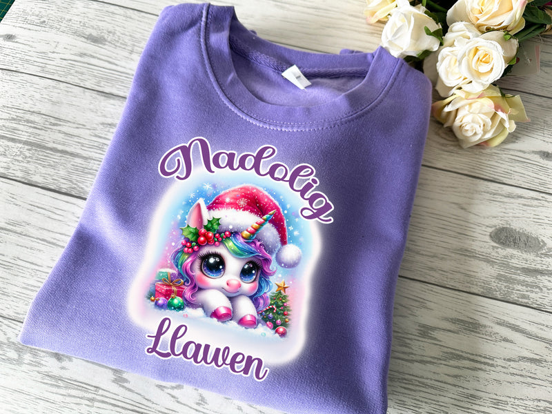 Custom welsh Unisex Christmas jumper unicorn Nadolig llawen choice of colours