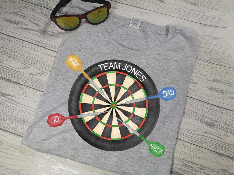 Personalised Heather grey t-shirt Darts board team names Father's day