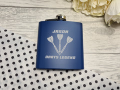 Personalised Engraved father's day Darts legend NAME Navy or black stainless steel hip flask 6oz