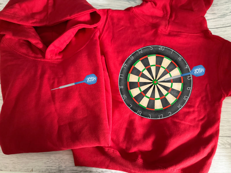 PERSONALISED Welsh  RED hoodie with dart board and dart with name detail