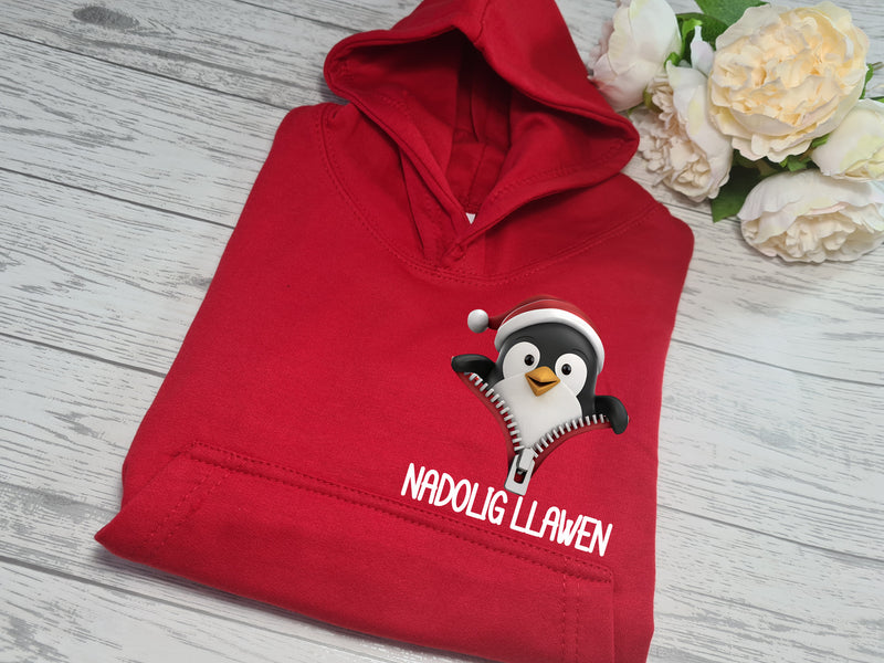 Custom Kids RED Christmas hoodie with peguin pocket zip nadolig llawen detail