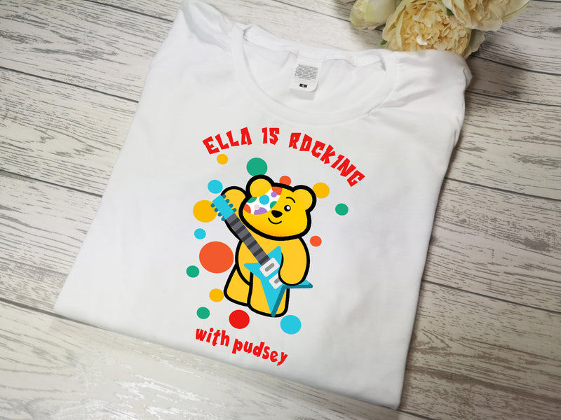 Personalised WHITE  Baby & Kids t-shirt spotty Pudsey rocks children in need